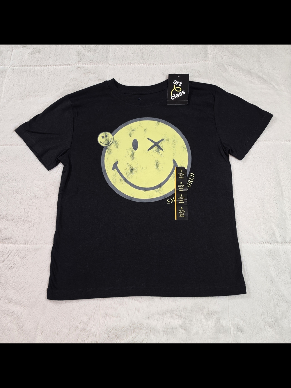art class Black Tee with Yellow Distressed Winking Smiley(100PC-53)